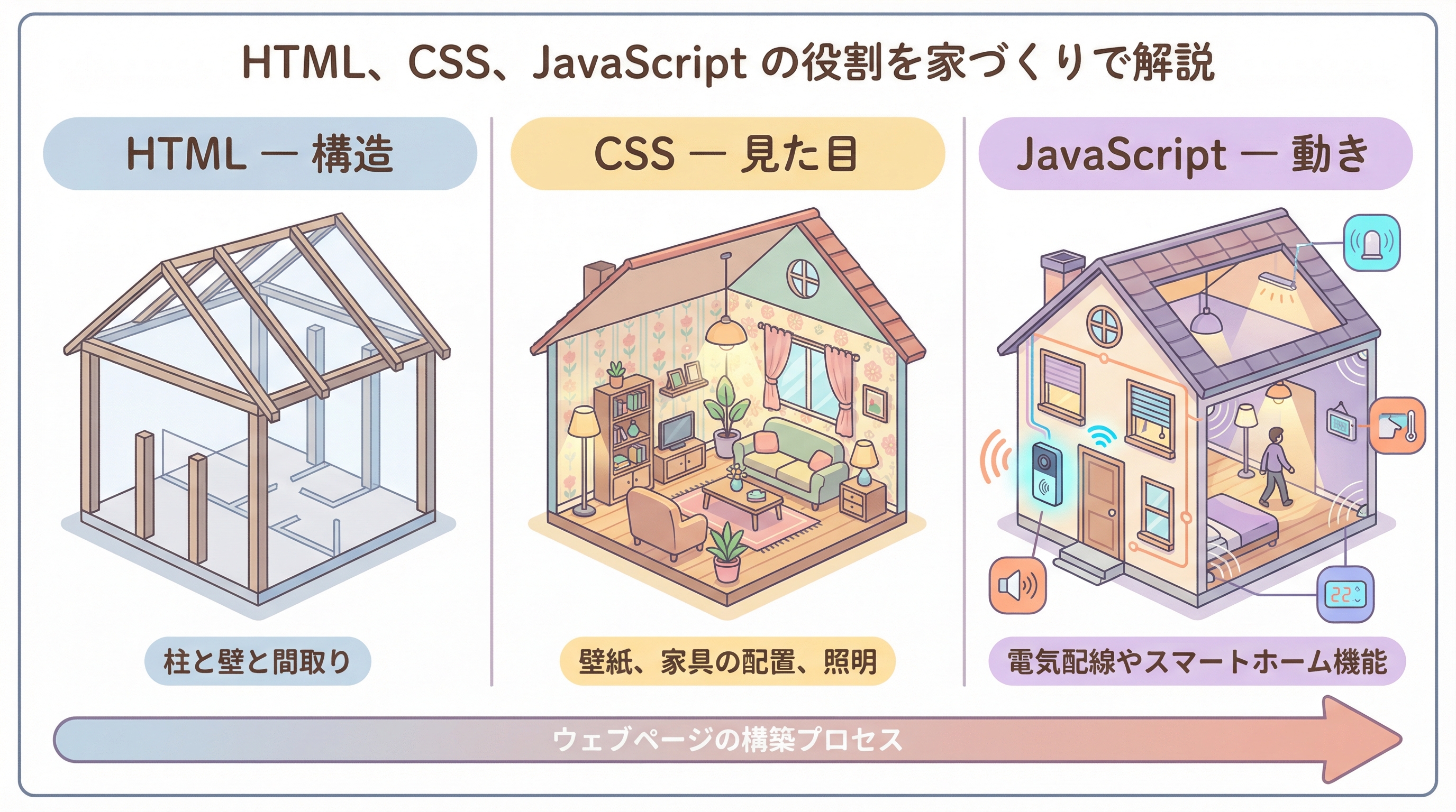 HTML・CSS・JavaScriptの役割図解（家づくりの比喩）
